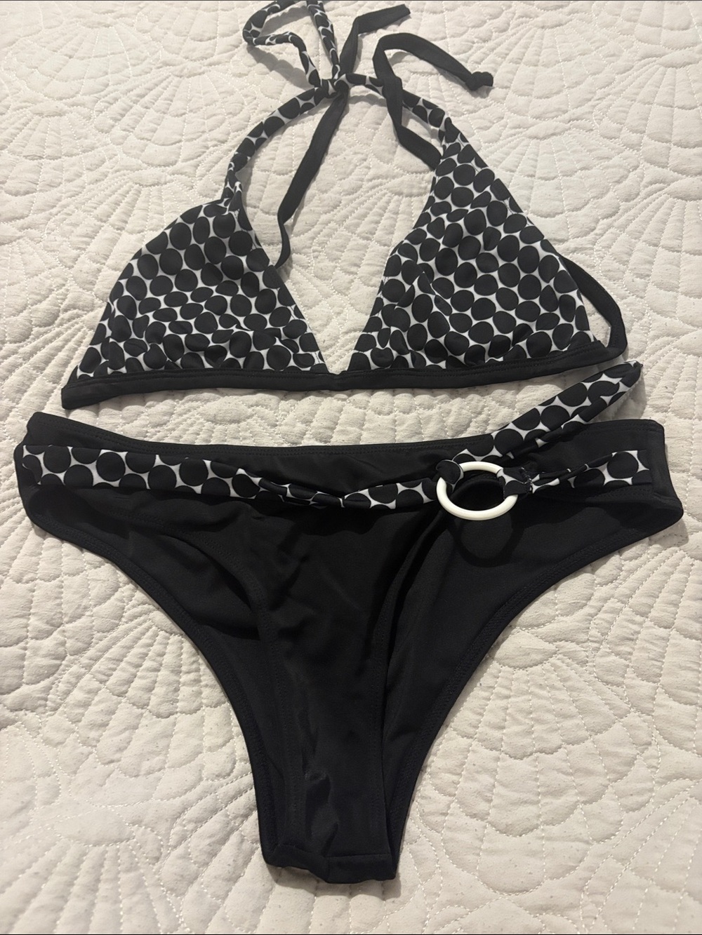 Polka Dot Accent Black Triangle Bikini Set - Women's Swim